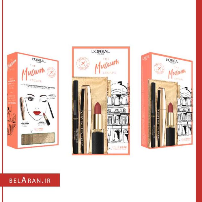 ست میکاپ لورال-محصولات لورال-لوازم آرایش اورجینال-بلاران L'Oreal Paris Museum Escape Set (mascara/10.7ml + eye/liner/1ml + lip/stick/4.5ml + bag)-belaran