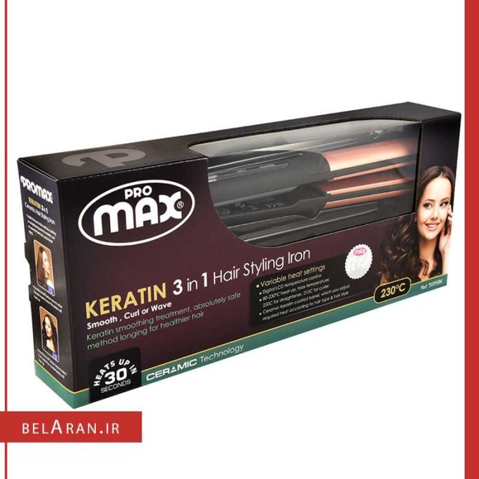 اتو مو و حالت دهنده مو پرومکس مدل 5858k-محصولات پرومکس-خرید لوازم آرایش اورجینال-بلاران promax keratin 3 in 1 hair styling iron model 5858K belaran